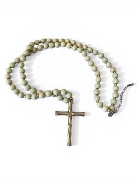 Vintage Gold Tone Bamboo Cross Pistachio Green Wood Beaded Necklace